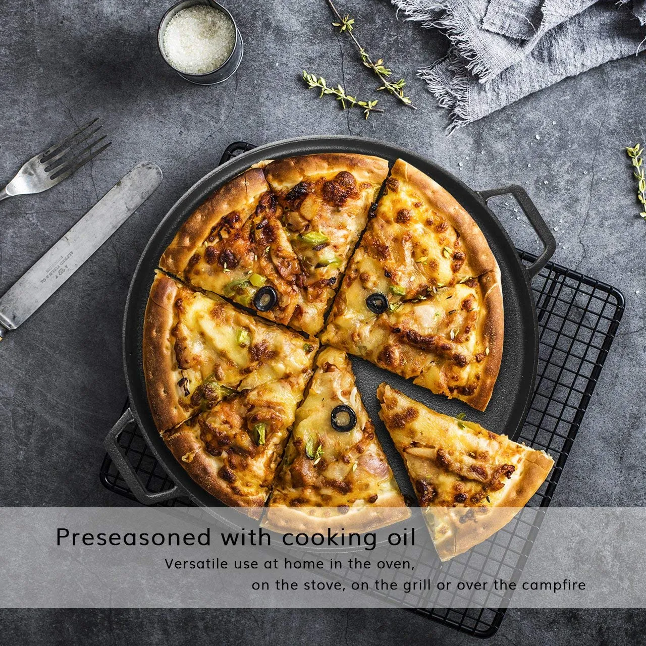 13.5" 35cm Pre-Seasoned Cast Iron Pizza Baking Pan | Cooking Griddle | Stove | Oven | Grill | Campfire