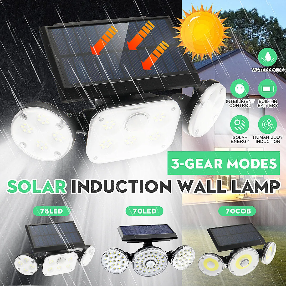 70COB/70LED/78LED Solar Motion Sensor Outdoor Security Light, 3-Head Waterproof Wall Lamp Floodlight