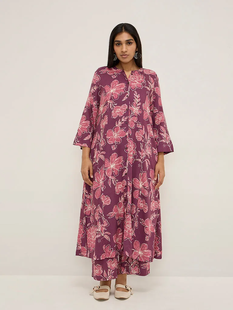 Diza Magenta Floral Design A-Line Kurta