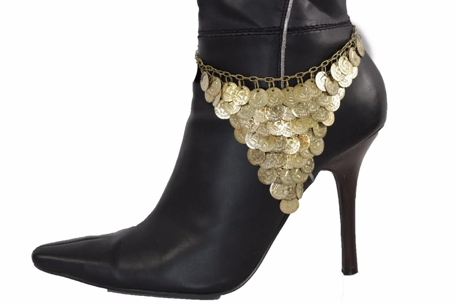 Gold Metal Boot Bracelet Chain Anklet Shoe Coins Charm Multi Strands Thick