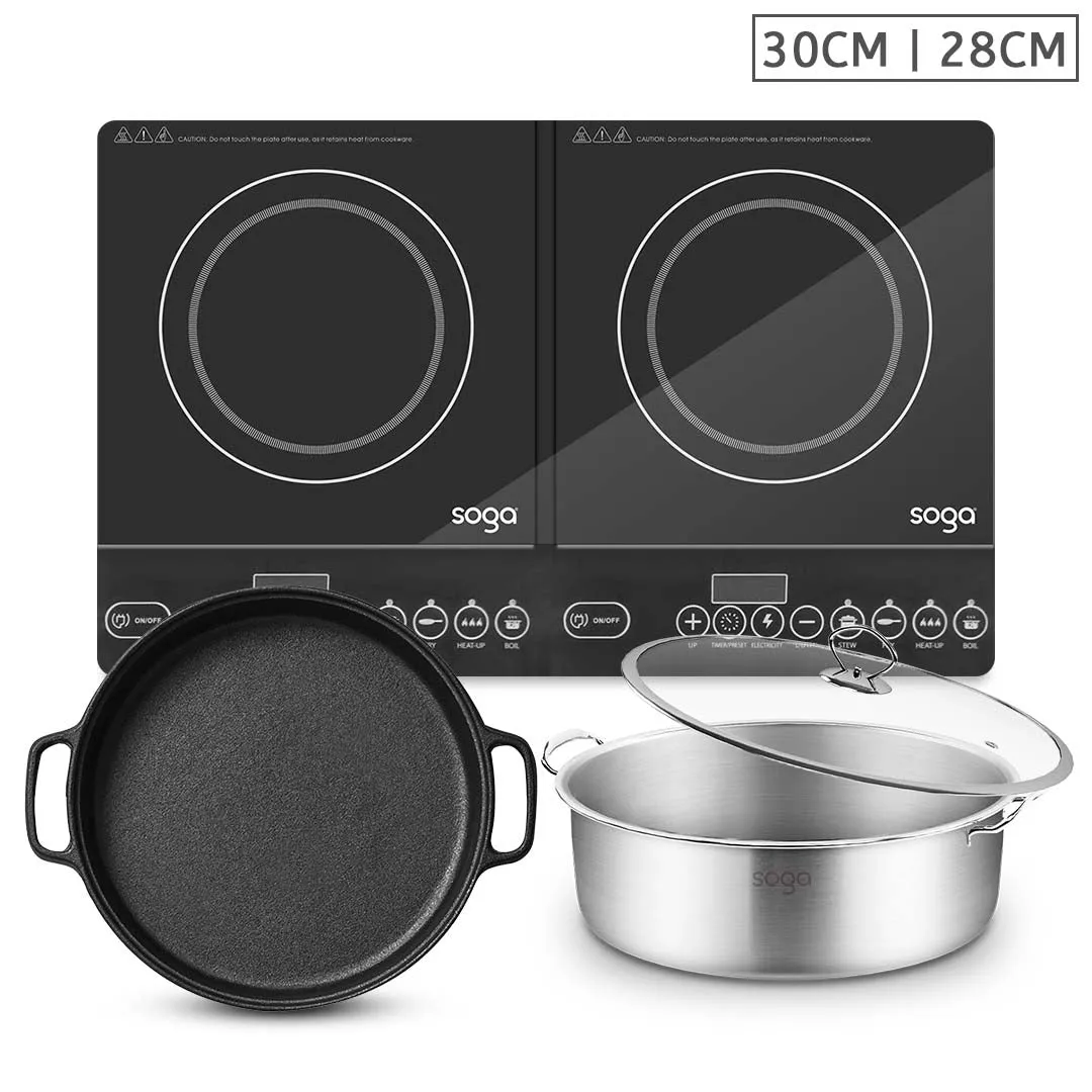 NNEAGS Dual Burners Cooktop Stove, 30cm Cast Iron Frying Pan Skillet and 28cm Induction Casserole