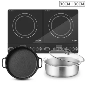 NNEAGS Dual Burners Cooktop Stove, 30cm Cast Iron Frying Pan Skillet and 30cm Induction Casserole