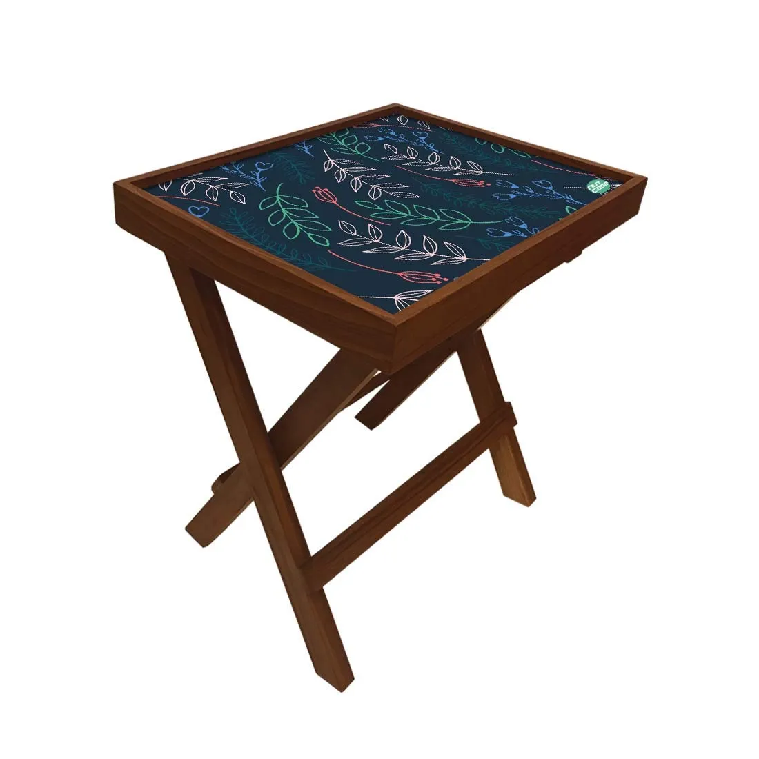 Nutcase Designer Teak Wood Side Table Folding Wooden Bedside Coffee Outdoor Picnic Table - Cute Twigs Blue
