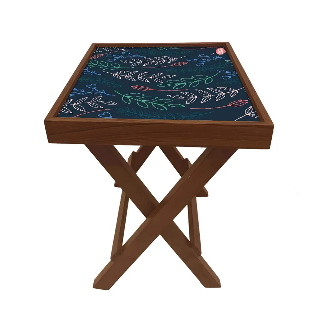 Nutcase Designer Teak Wood Side Table Folding Wooden Bedside Coffee Outdoor Picnic Table - Cute Twigs Blue