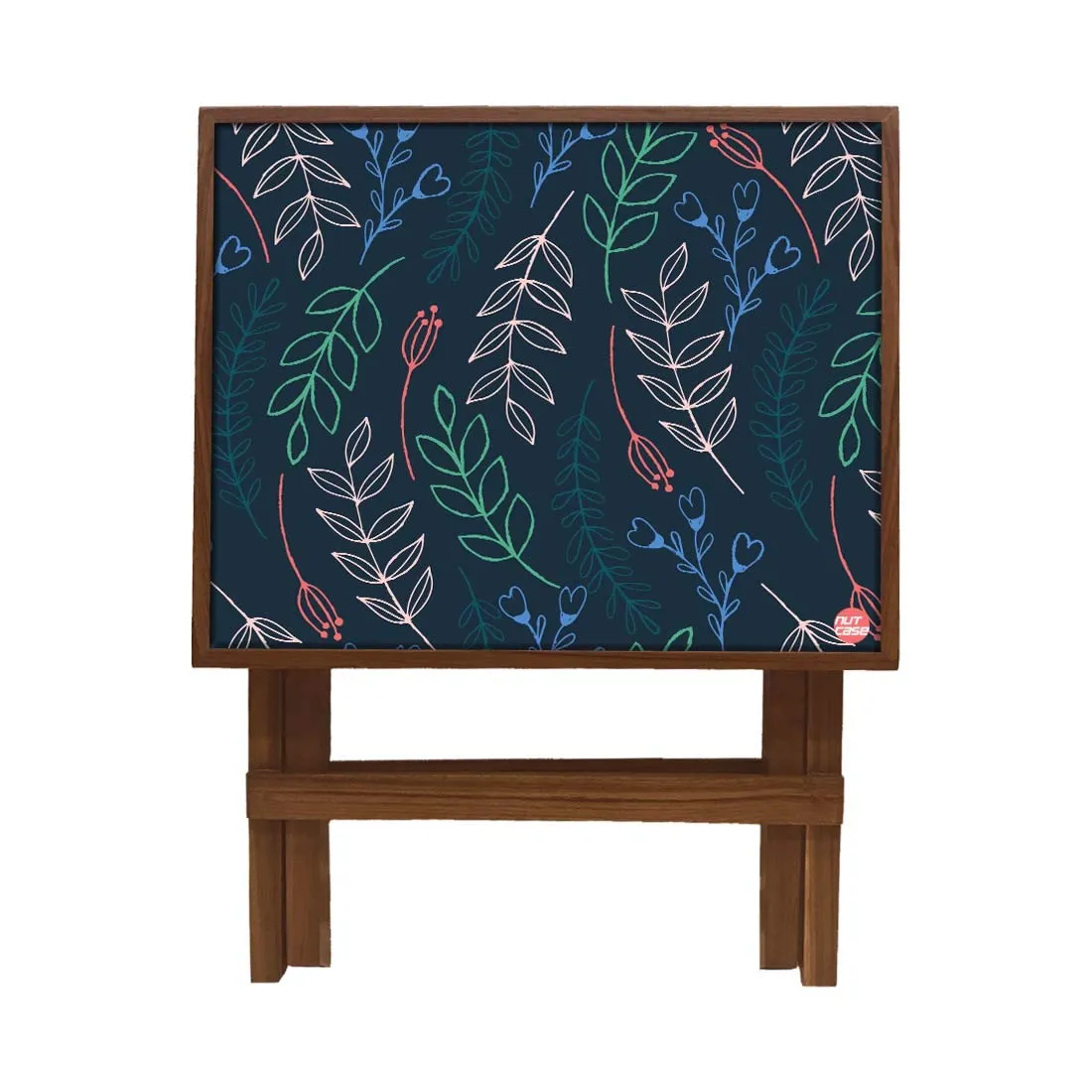 Nutcase Designer Teak Wood Side Table Folding Wooden Bedside Coffee Outdoor Picnic Table - Cute Twigs Blue