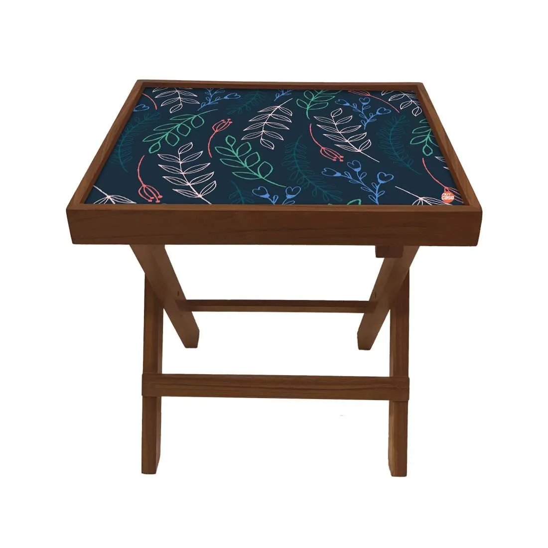 Nutcase Designer Teak Wood Side Table Folding Wooden Bedside Coffee Outdoor Picnic Table - Cute Twigs Blue