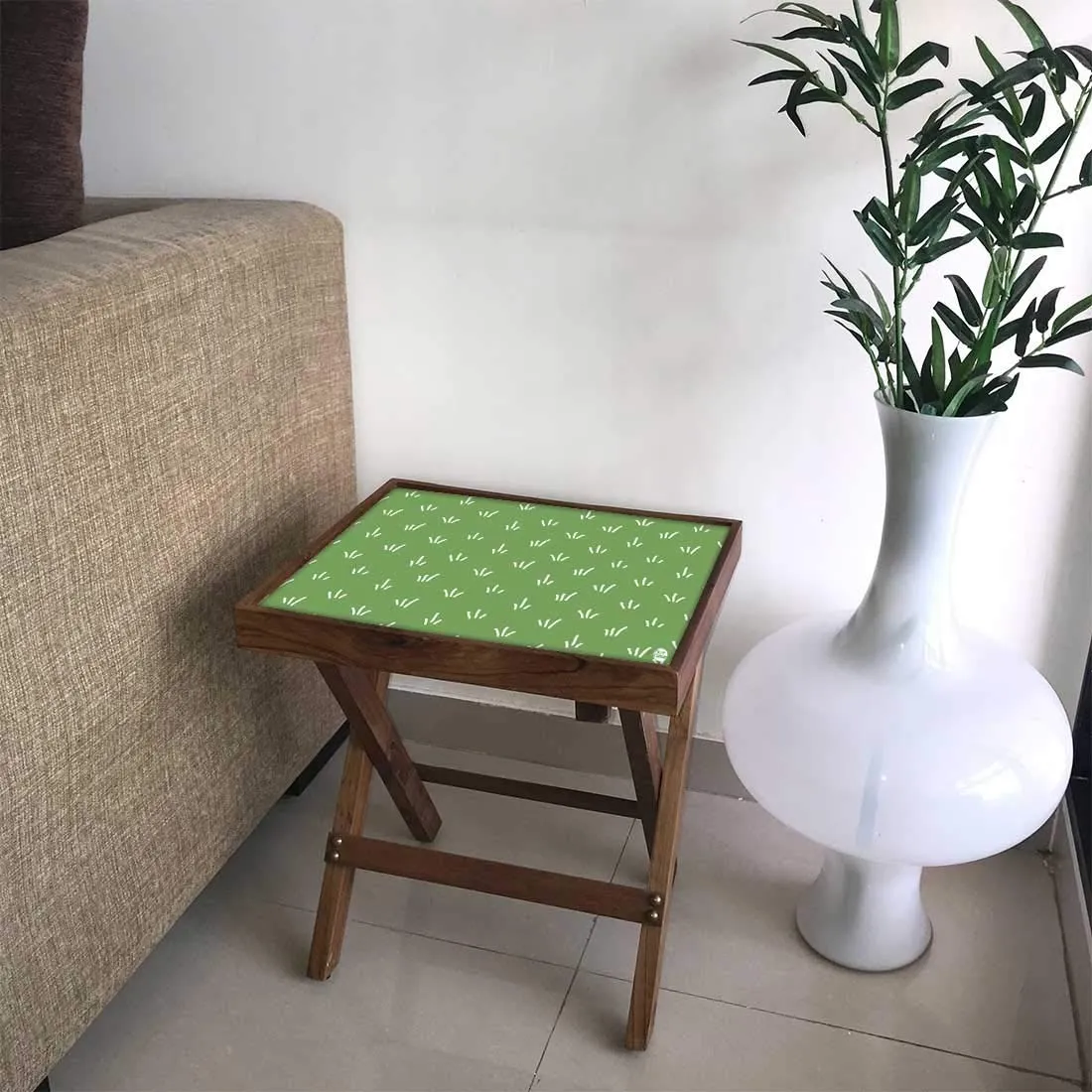 Nutcase Designer Teak Wood Side Table Folding Wooden Bedside Coffee Outdoor Picnic Table - Green Pattern