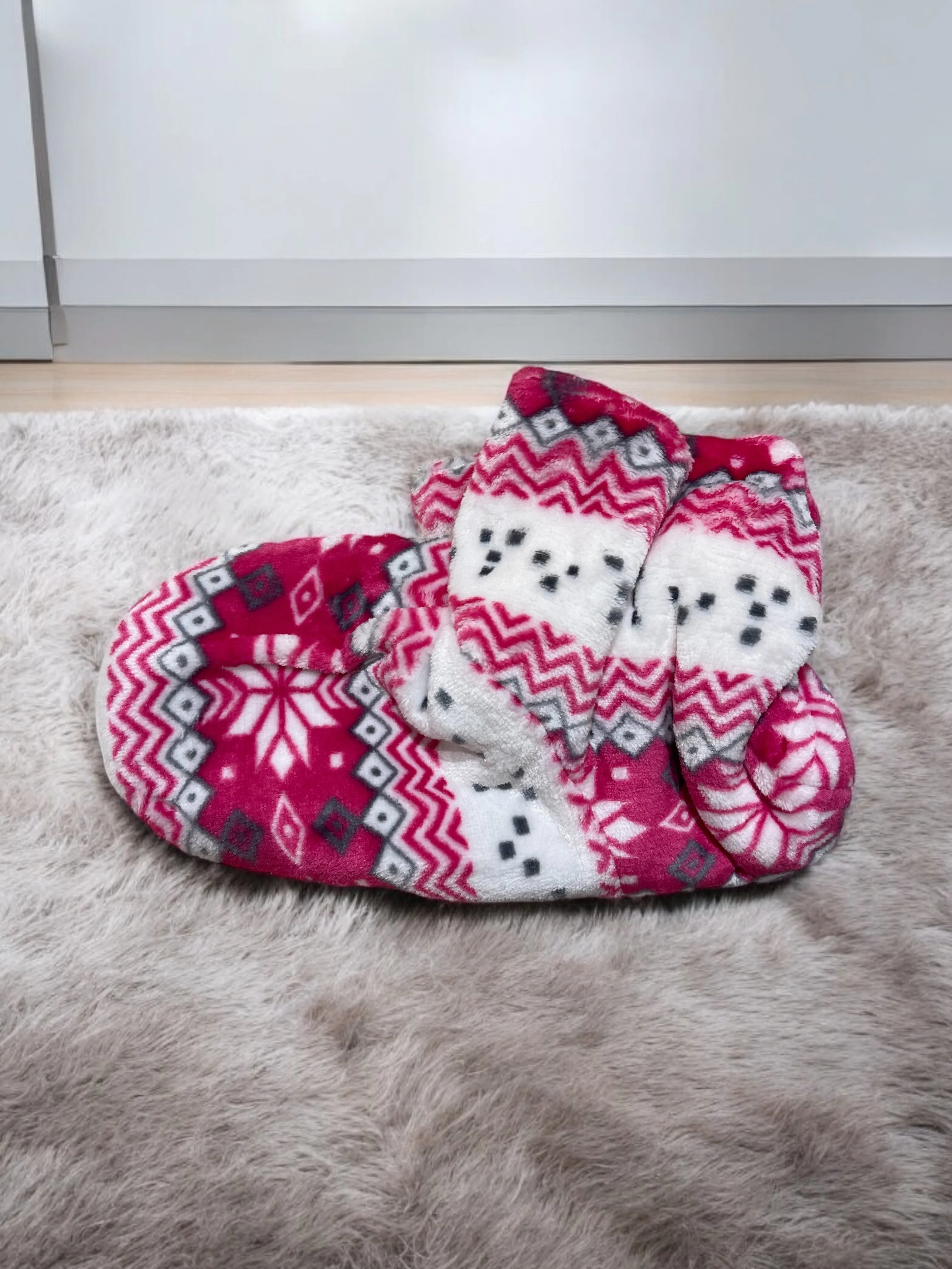 Print Snow Coral Fleece Winter Warm Womens Plush Indoor  Slippers Boots Shoes