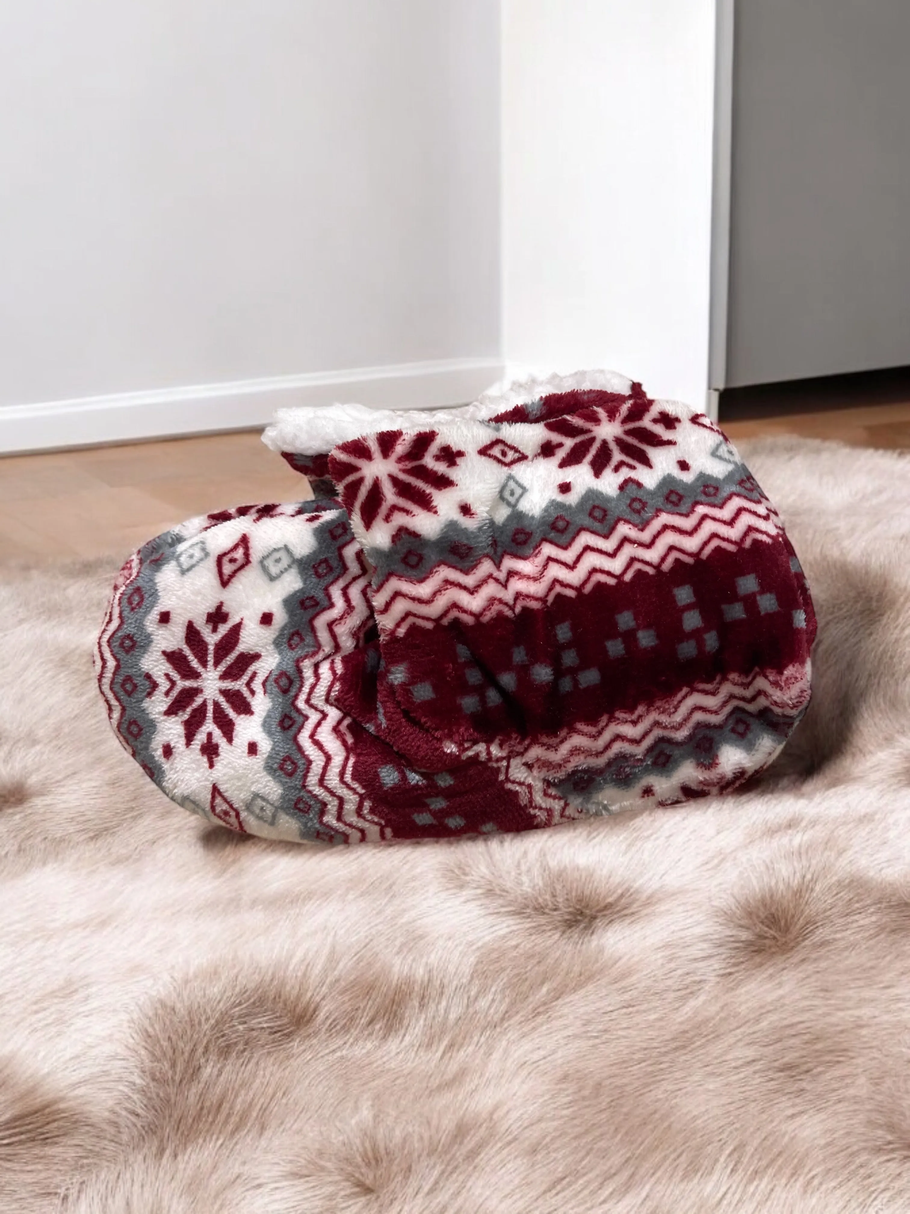 Print Snow Coral Fleece Winter Warm Womens Plush Indoor  Slippers Boots Shoes