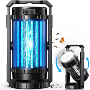 Solar Bug Zapper Outdoor Indoor, Mosquito Zapper with Large-Capacity 5000mAh Battery, 4 in 1 Insect Fly Zapper with Spotlights, Rechargeable & Cordless for Camping, Fishing, Patio, Home Black