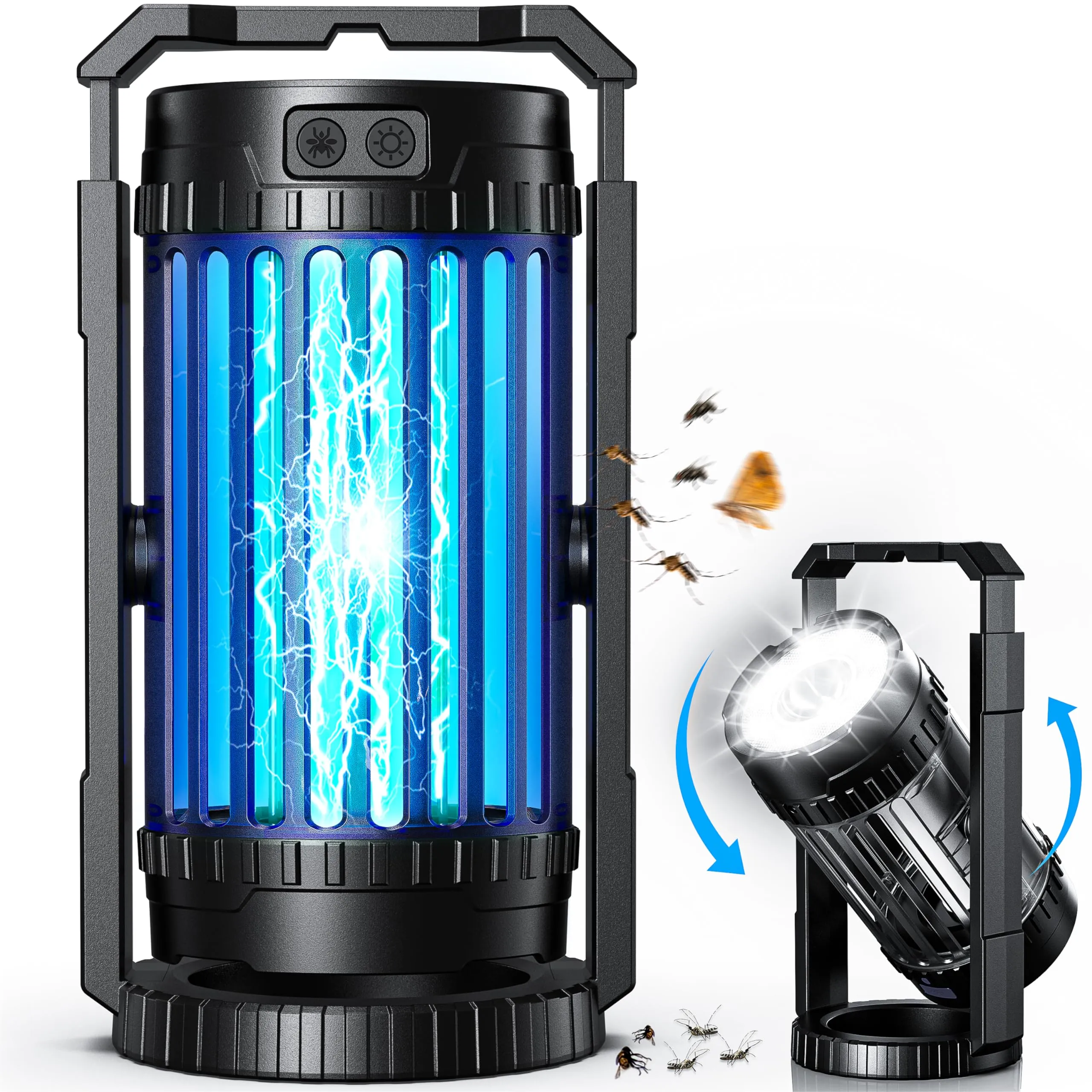 Solar Bug Zapper Outdoor Indoor, Mosquito Zapper with Large-Capacity 5000mAh Battery, 4 in 1 Insect Fly Zapper with Spotlights, Rechargeable & Cordless for Camping, Fishing, Patio, Home Black