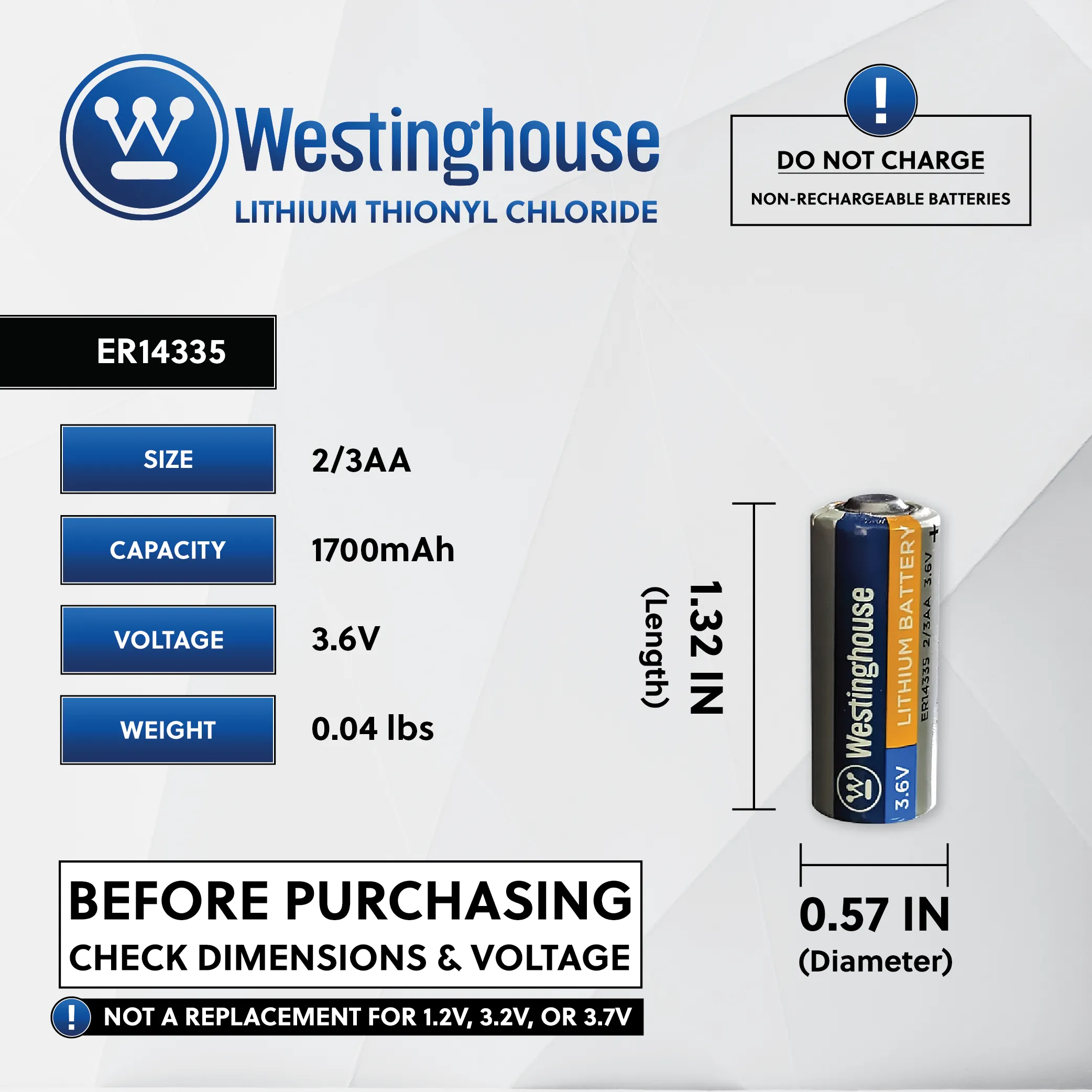 Westinghouse ER14335 3.6V 2/3AA Lithium Battery